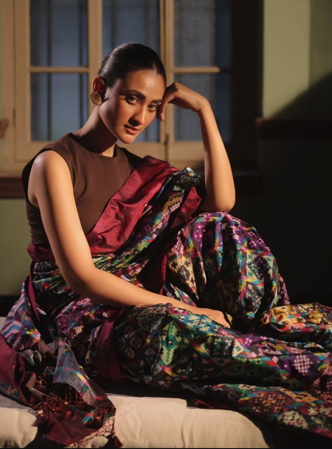 Handwoven silk ikat saree in a multicolour geometric pattern